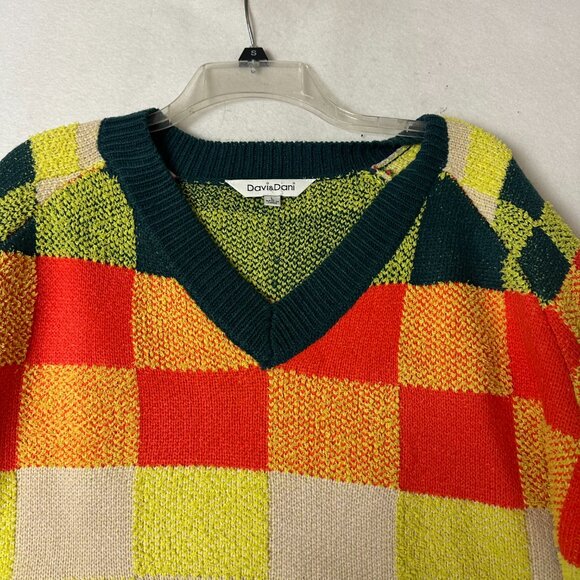 Davi & Dani sweater sz L patchwork bright colors v neck large squares orange - Picture 2 of 5